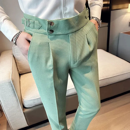 Autumn Winter Pantalones Hombre High Waist Waffle Business Casual Suit Pants for Men