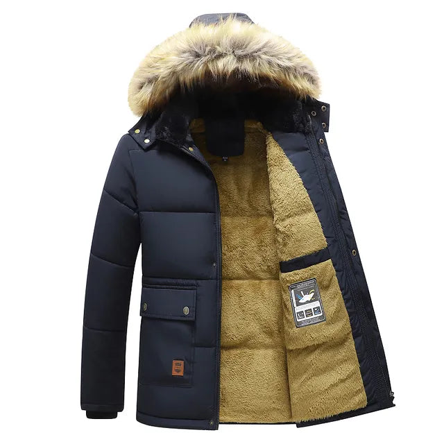 Windproof Fleece Thick Jacket Men Fashion Hooded Fur Collar