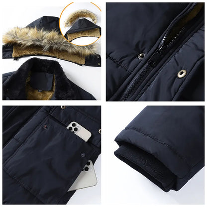 Windproof Fleece Thick Jacket Men Fashion Hooded Fur Collar