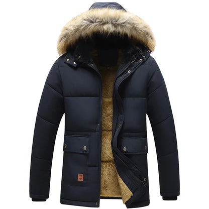 Windproof Fleece Thick Jacket Men Fashion Hooded Fur Collar