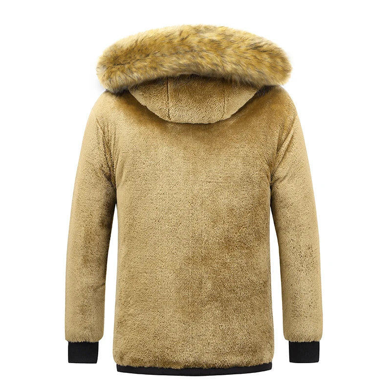 Windproof Fleece Thick Jacket Men Fashion Hooded Fur Collar