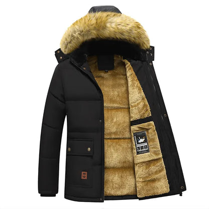 Windproof Fleece Thick Jacket Men Fashion Hooded Fur Collar