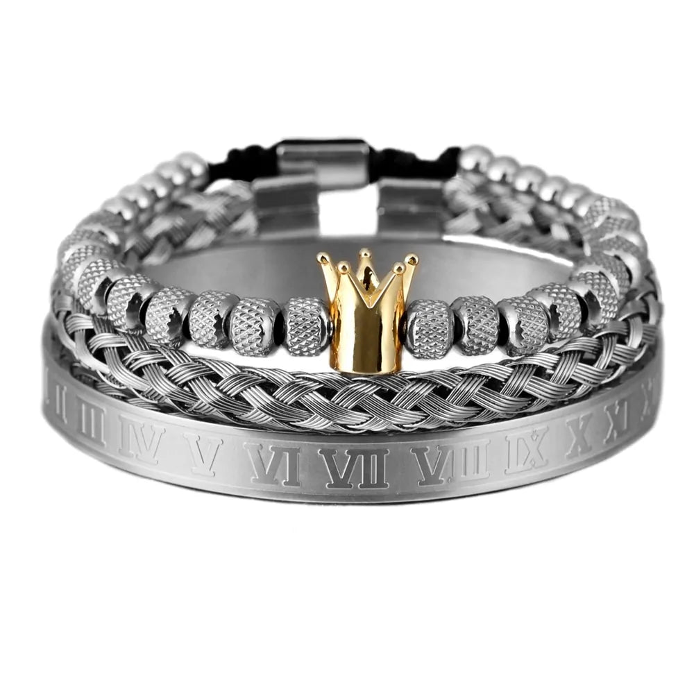 Luxury 3-piece Stainless Steel Brace set with Roman Numeral Charm for Men