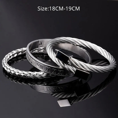 Luxury 3-piece Stainless Steel Brace set with Roman Numeral Charm for Men